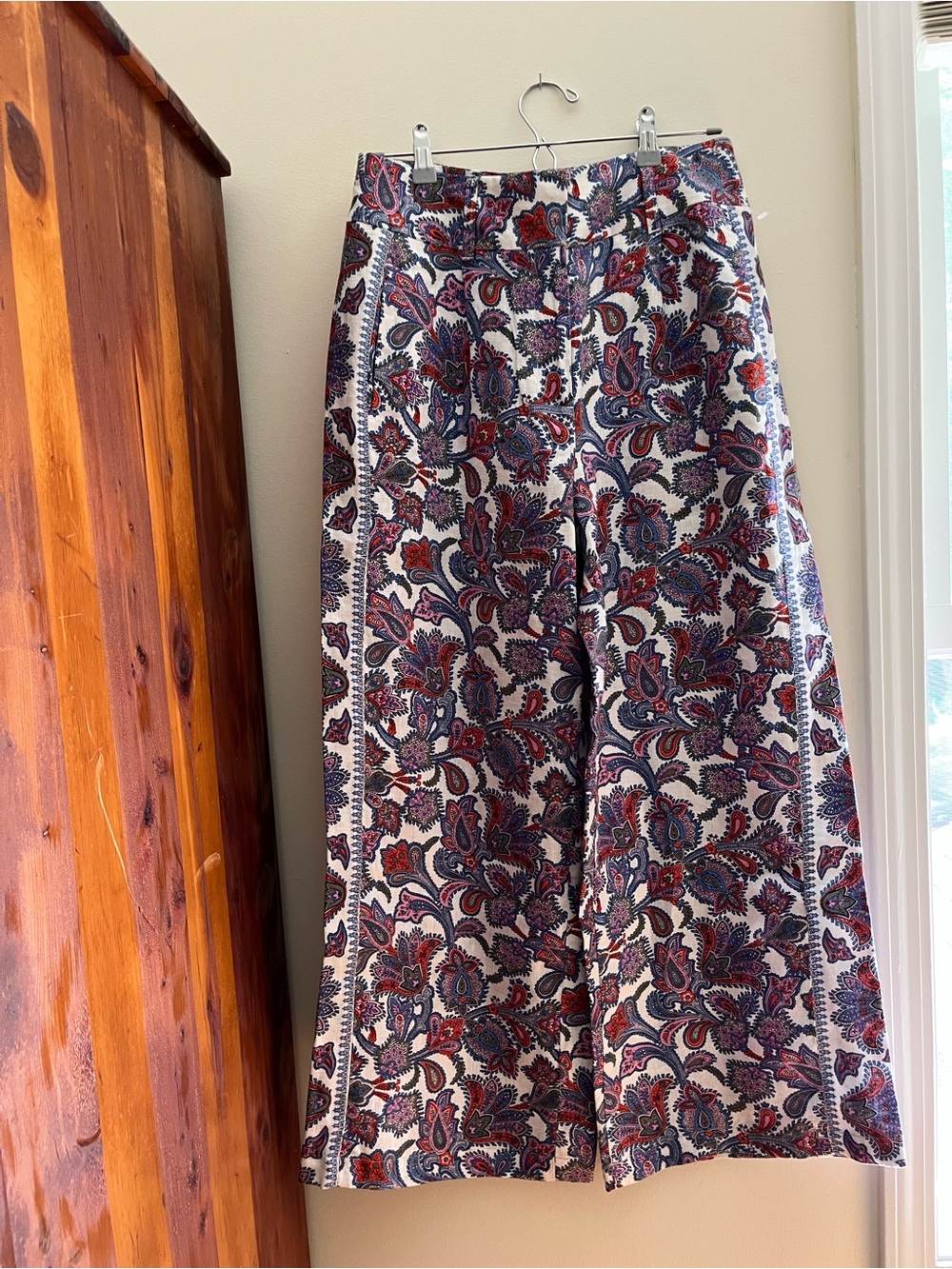 BODEN LINEN NWOT High-Waist Wide Leg Paisley Print Pants - Red & Navy on Ivory 8